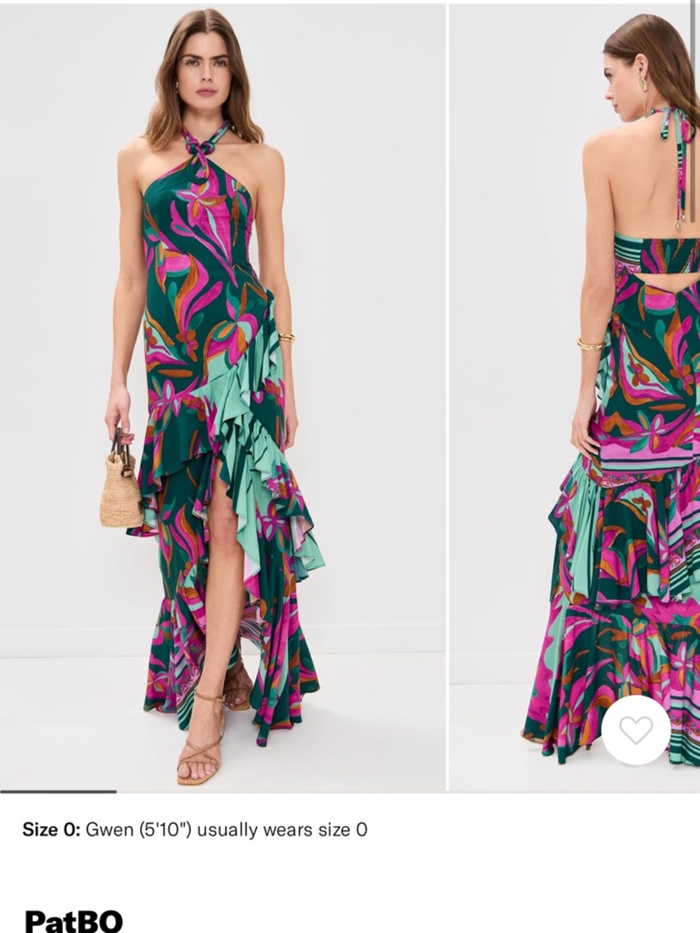 PatBO Teal Floral Halter High-Low Ruffle Maxi Dress